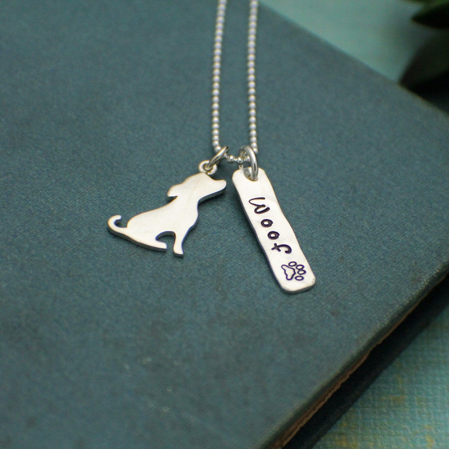 WOOF Necklace, Sterling Silver Dog Necklace, Dog Lover Gift, New Pet Gift, Dog Jewelry, Pup Charm Necklace, Hand Stamped Jewelry, Paw Print