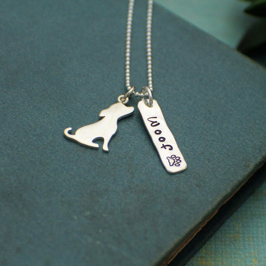 WOOF Necklace, Sterling Silver Dog Necklace, Dog Lover Gift, New Pet Gift, Dog Jewelry, Pup Charm Necklace, Hand Stamped Jewelry, Paw Print