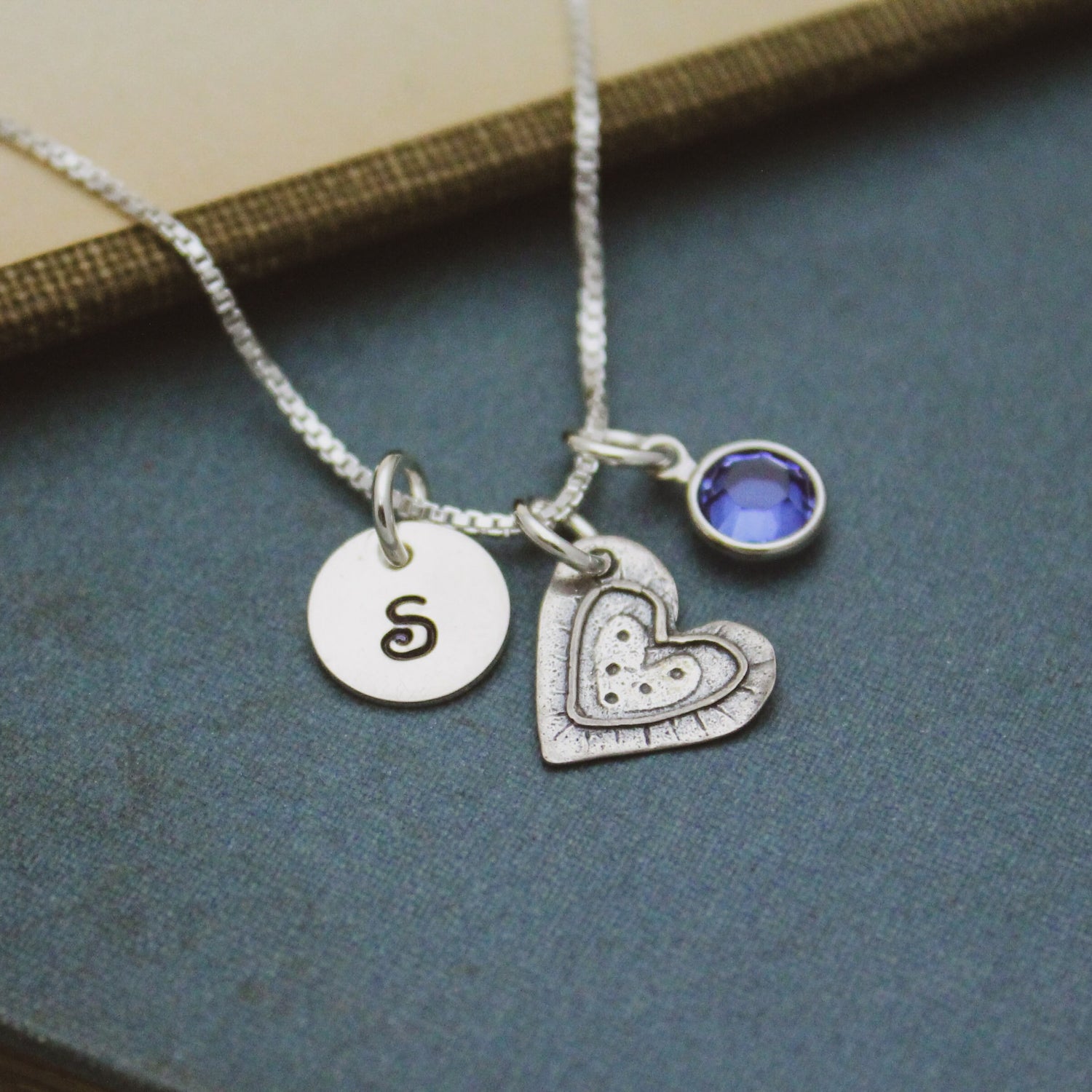 Cute September Birthstone Initial Necklace, Sapphire Heart Jewelry, September Birthday Gift, September Birthstone Jewelry, Sterling Silver
