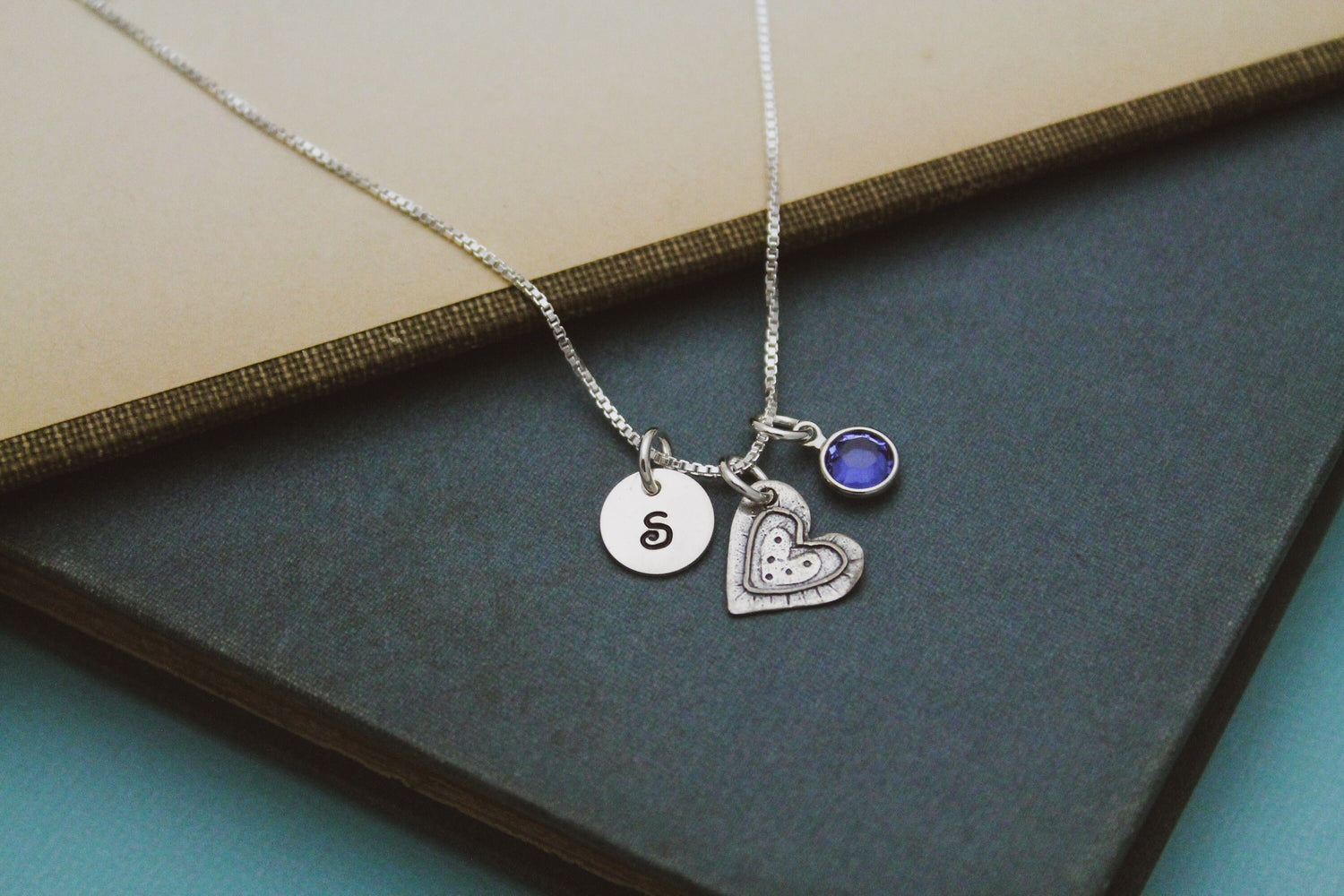 Cute September Birthstone Initial Necklace, Sapphire Heart Jewelry, September Birthday Gift, September Birthstone Jewelry, Sterling Silver