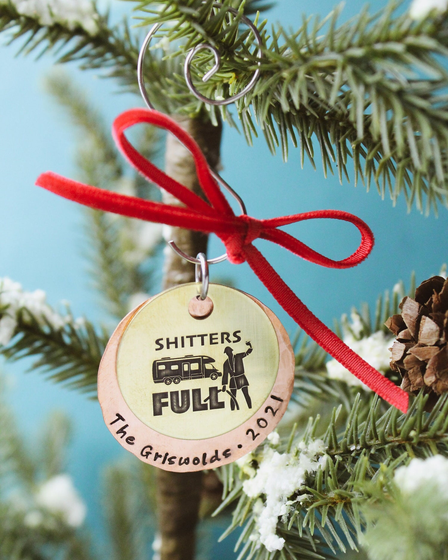 Shitters FULL Ornament, Christmas Vacation Movie Ornament, Cousin Eddie RV Ornament in Brass & Copper, Unique Christmas Tree Ornament Gift