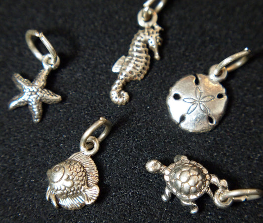 ONE Sterling Silver Charm - Sea Horse, Starfish, Sand Dollar, Fish or Turtle - Your Choice - Add on to an existing Necklace or Bracelet