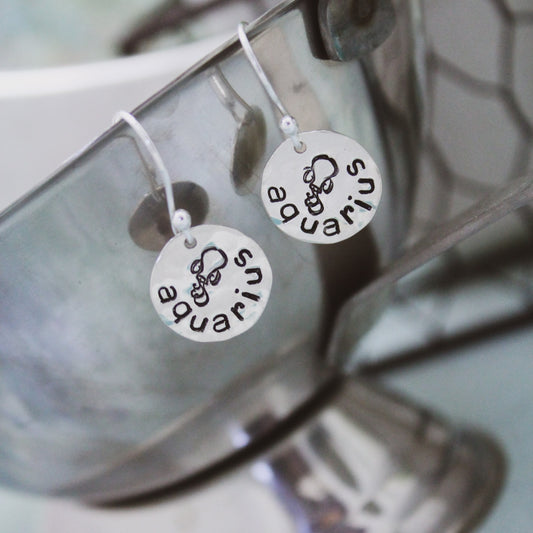 Aquarius Sterling Silver Earrings, Zodiac Sign Jewelry, Hand Stamped Personalized Earrings, Aquarius Zodiac Jewelry Unique Gift for Her