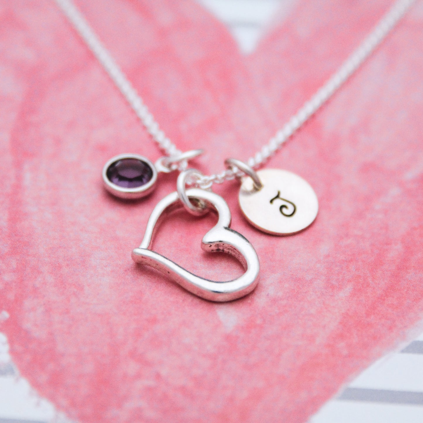 Open Heart Charm Necklace, Initial & Birthstone Heart Necklace, Hand Stamped Valentine's Day Necklace, Bridesmaid Wedding Necklaces Gift