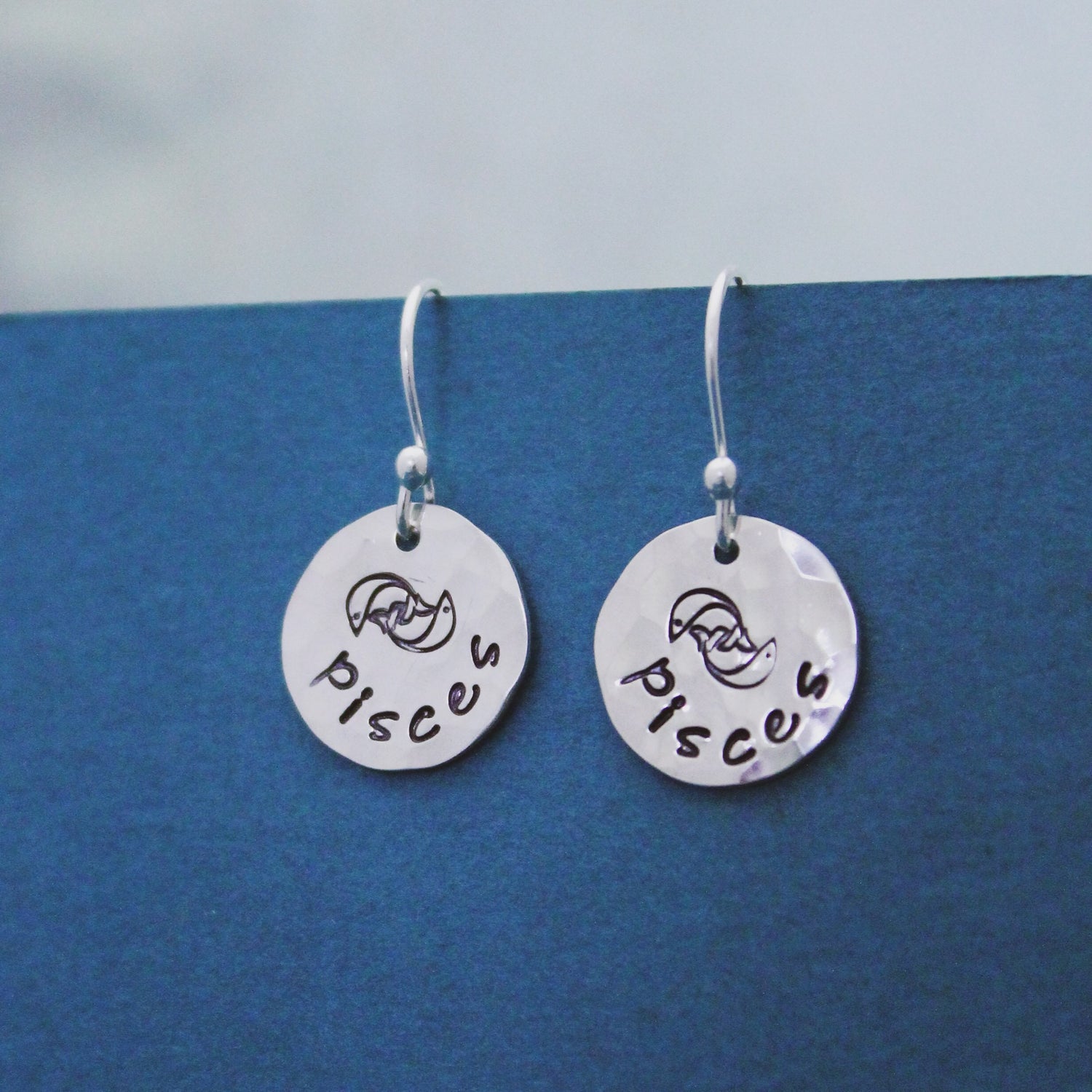 Pisces Sterling Silver Earrings, Pisces Zodiac Sign Jewelry, Hand Stamped Personalized Earrings, Pisces Zodiac Jewelry Unique Gift for Her