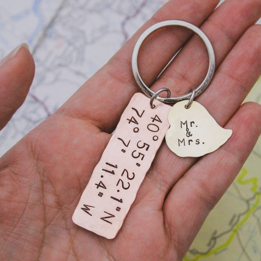 Latitude and Longitude Keychain, Coordinates Key Chain, Our First Kiss, Engagement, Anniversary, Hand Stamped Personalized Keychain