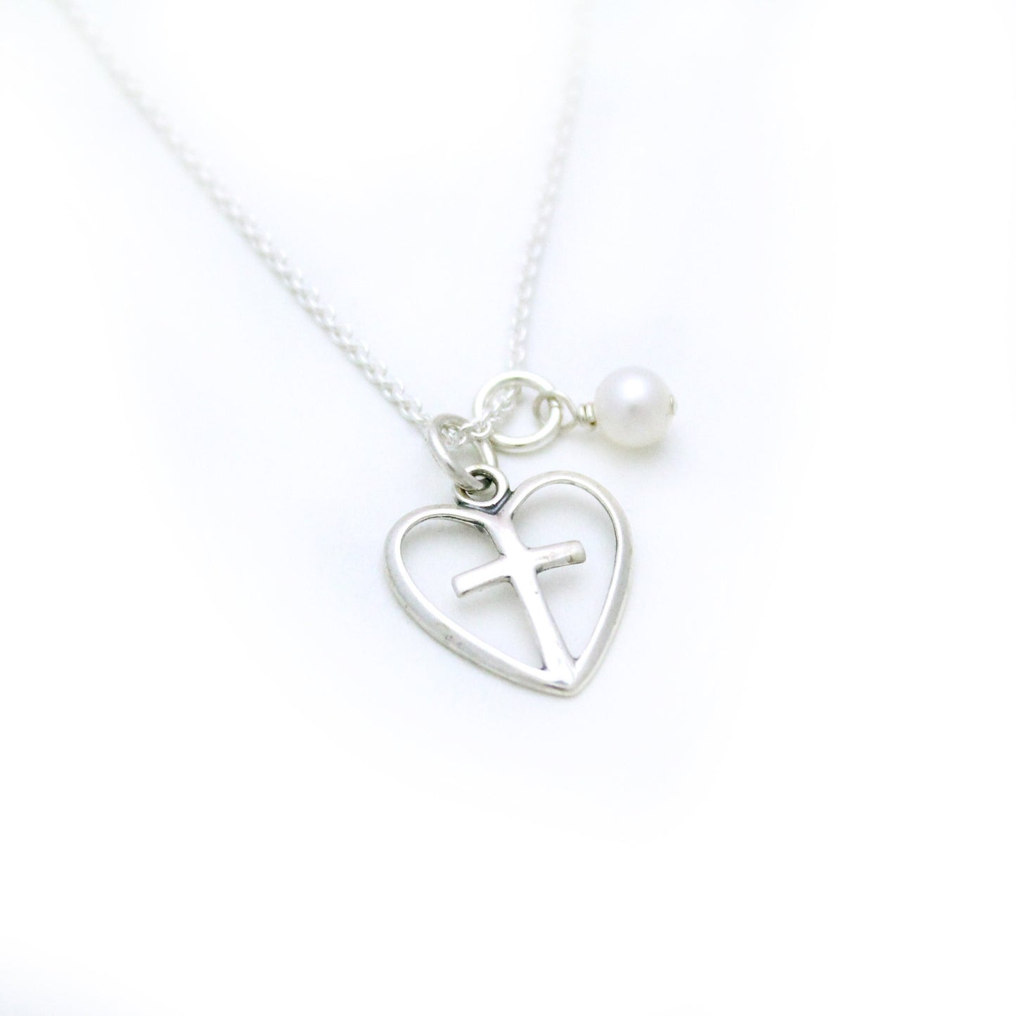Heart Cross Necklace with Birthstone or Pearl - First Confirmation Gift - Holy Communion Jewelry - Girl's Cross Necklace - Gift for Baptism