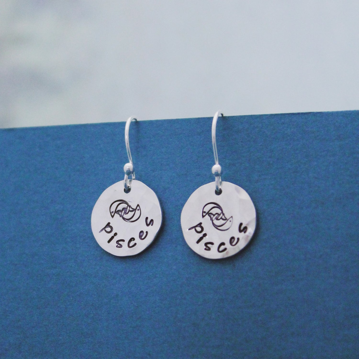 Pisces Sterling Silver Earrings, Pisces Zodiac Sign Jewelry, Hand Stamped Personalized Earrings, Pisces Zodiac Jewelry Unique Gift for Her