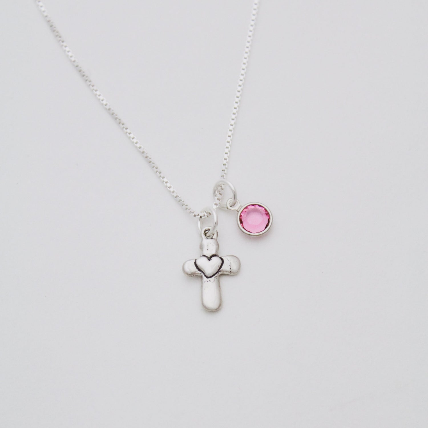 Cross Heart Necklace with Birthstone for Girls - Confirmation Gift - Holy Communion Jewelry - Sterling Silver Cross Necklace - Baptism Gift