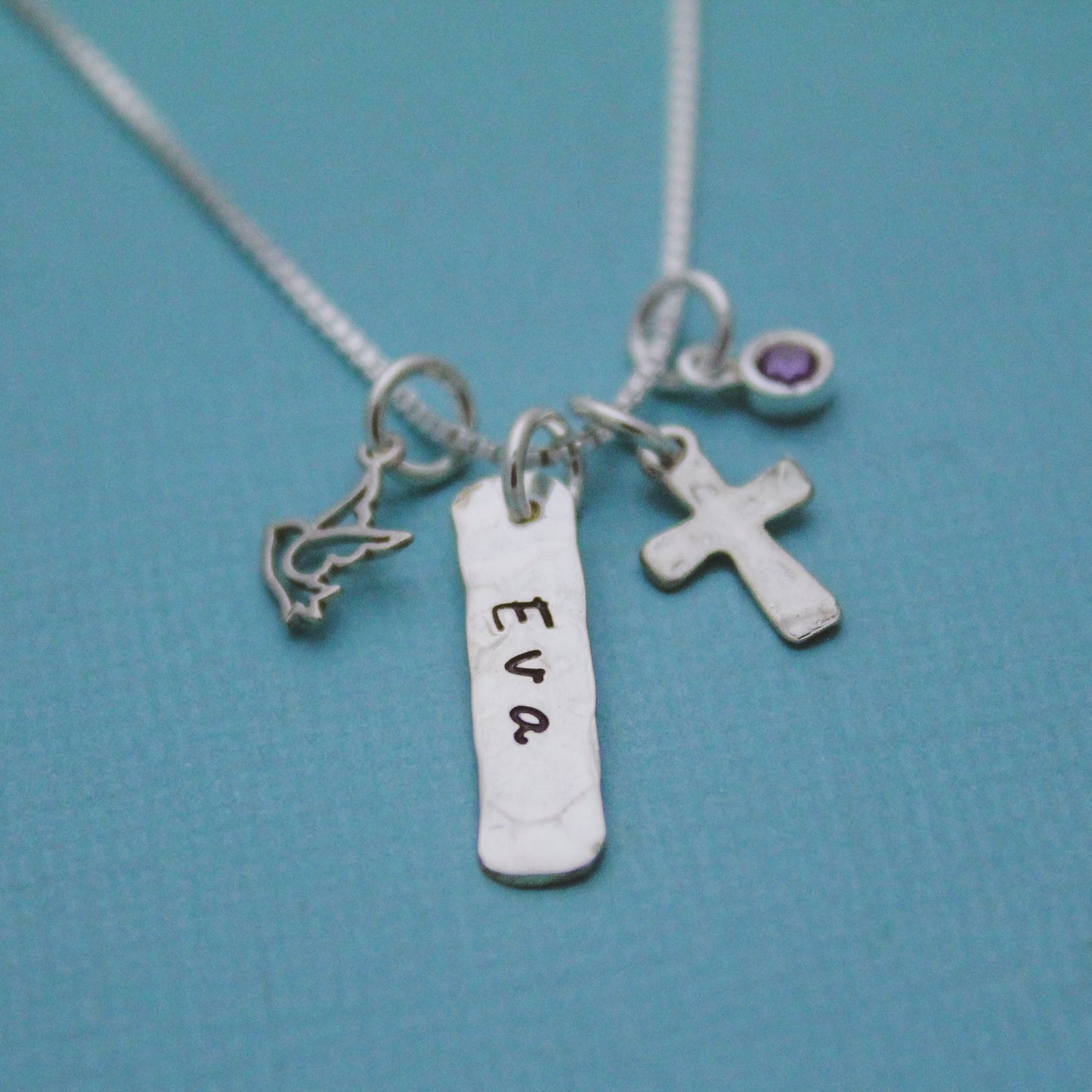 Dove and Cross Tag Necklace with Birthstone or Pearl for Confirmation Personalized Sterling Silver Hand Stamped Jewelry