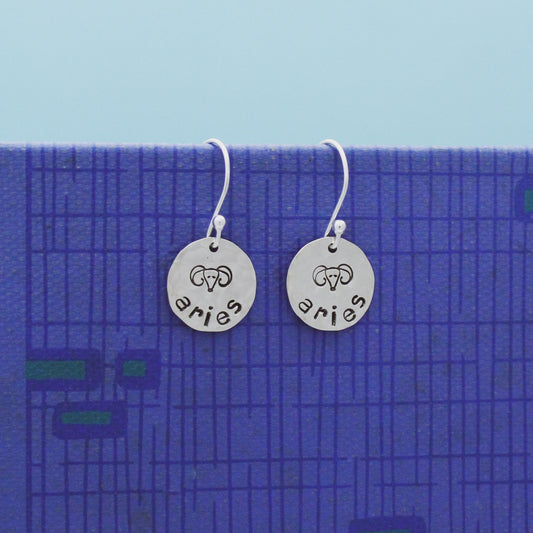 Aries Sterling Silver Earrings, Aries Zodiac Sign Jewelry, Hand Stamped Personalized Earrings, Aries Zodiac Jewelry Unique Gift for Her