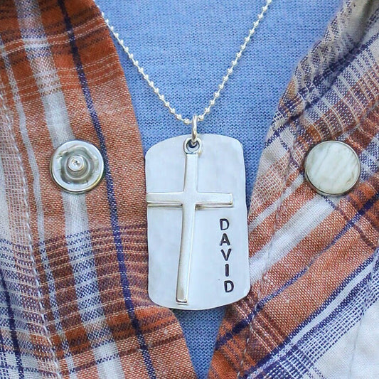 Boys Cross Necklace, Boys Confirmation or First Communion Gift, Sterling Silver Dog Tag Cross Necklace for Boys, Personalized Dog Tag