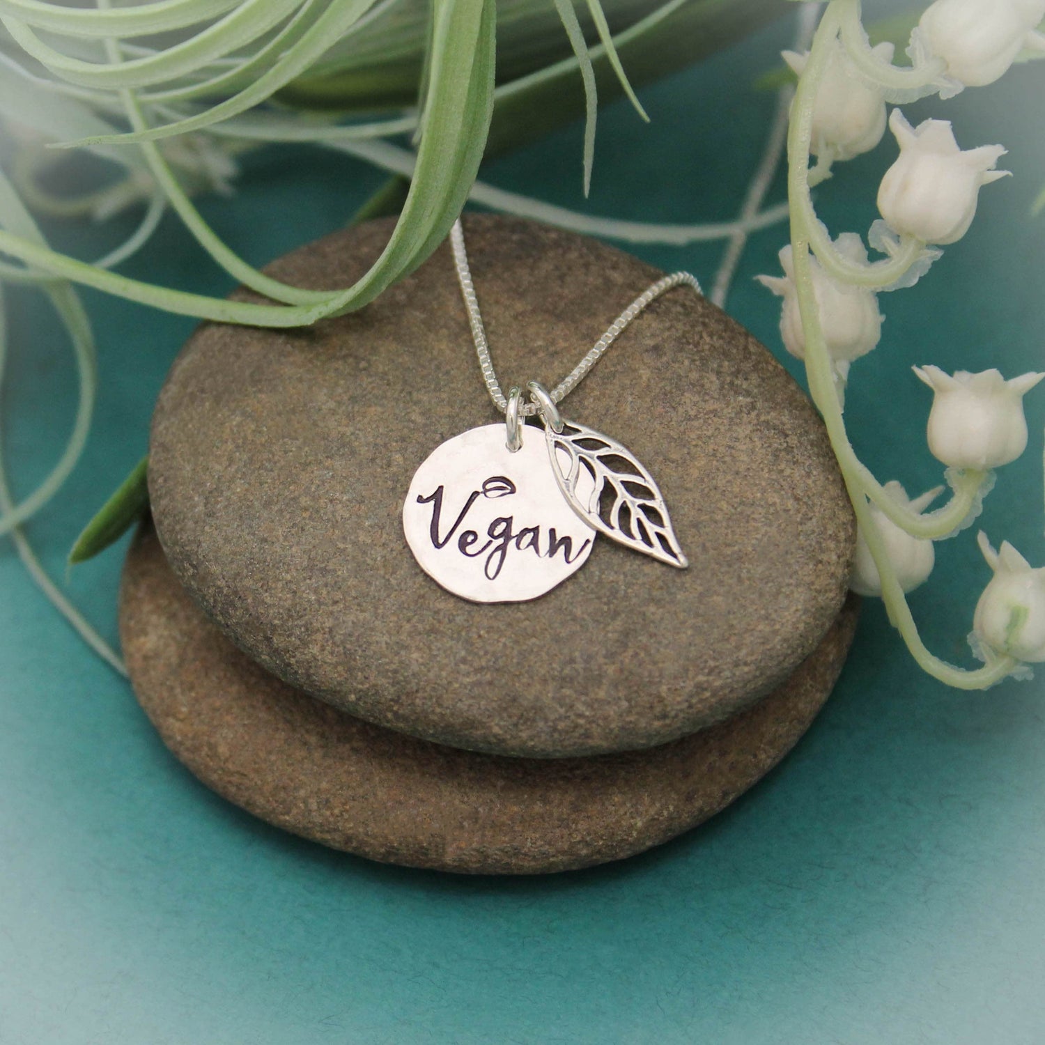 Vegan Leaf Necklace, Vegan Pride Necklace, Vegan Jewelry, Gift for Vegans, Sterling Silver Vegan Necklace, Animal Lover Gift, Vegetarian