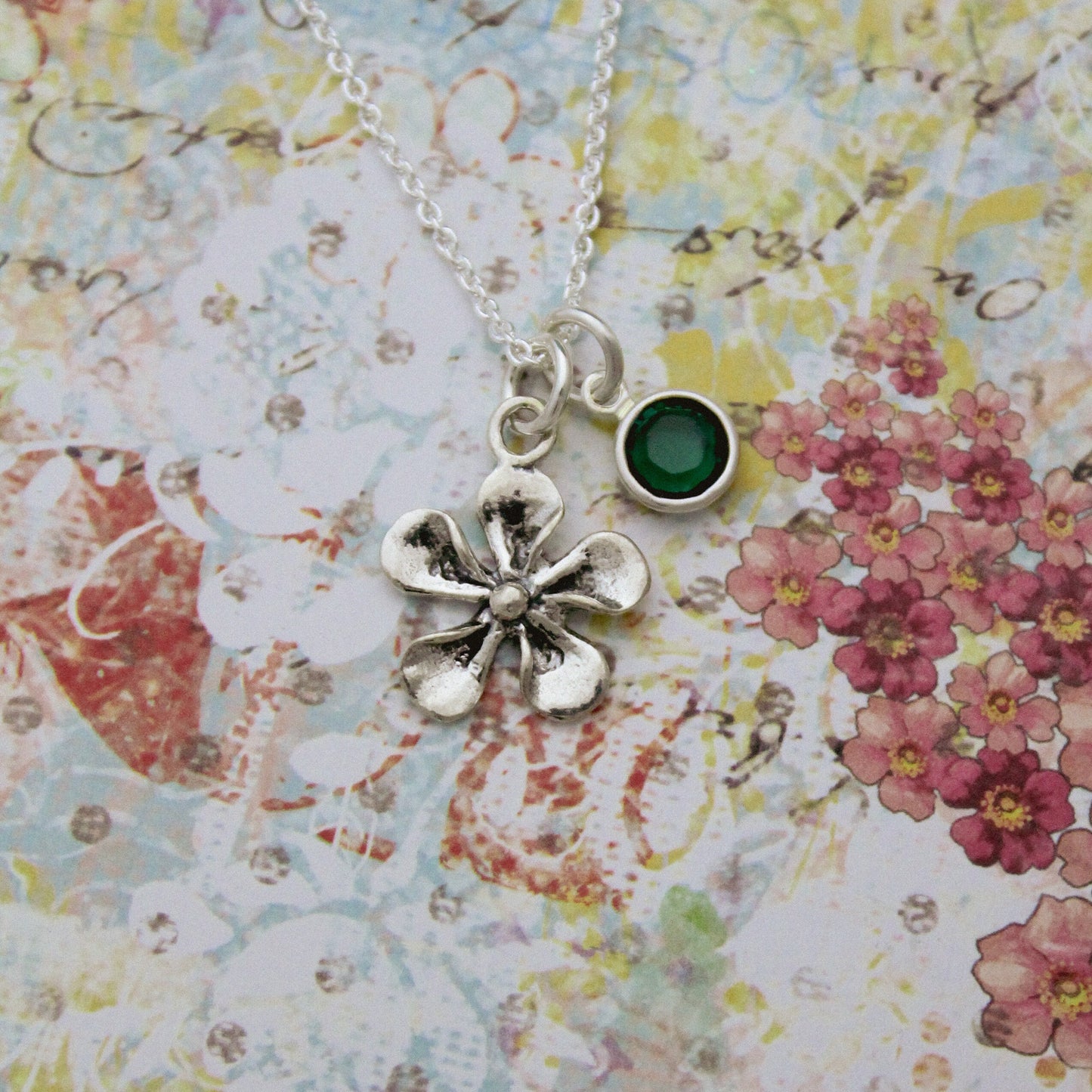 Flower Plumeria Necklace in Sterling Silver with Birthstone, Birthstone Birthday Gift, Personalized Gift, Garden Silver May Birthstone Gift