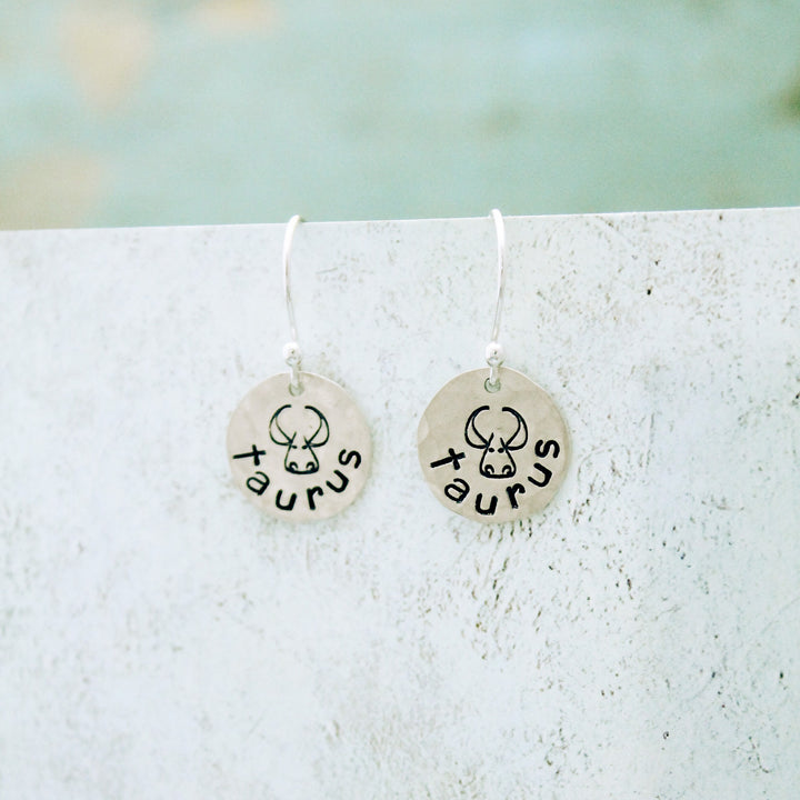 Taurus Sterling Silver Earrings, Taurus Zodiac Sign Jewelry, Hand Stamped Personalized Earrings, Taurus Zodiac Jewelry Unique Gift for Her