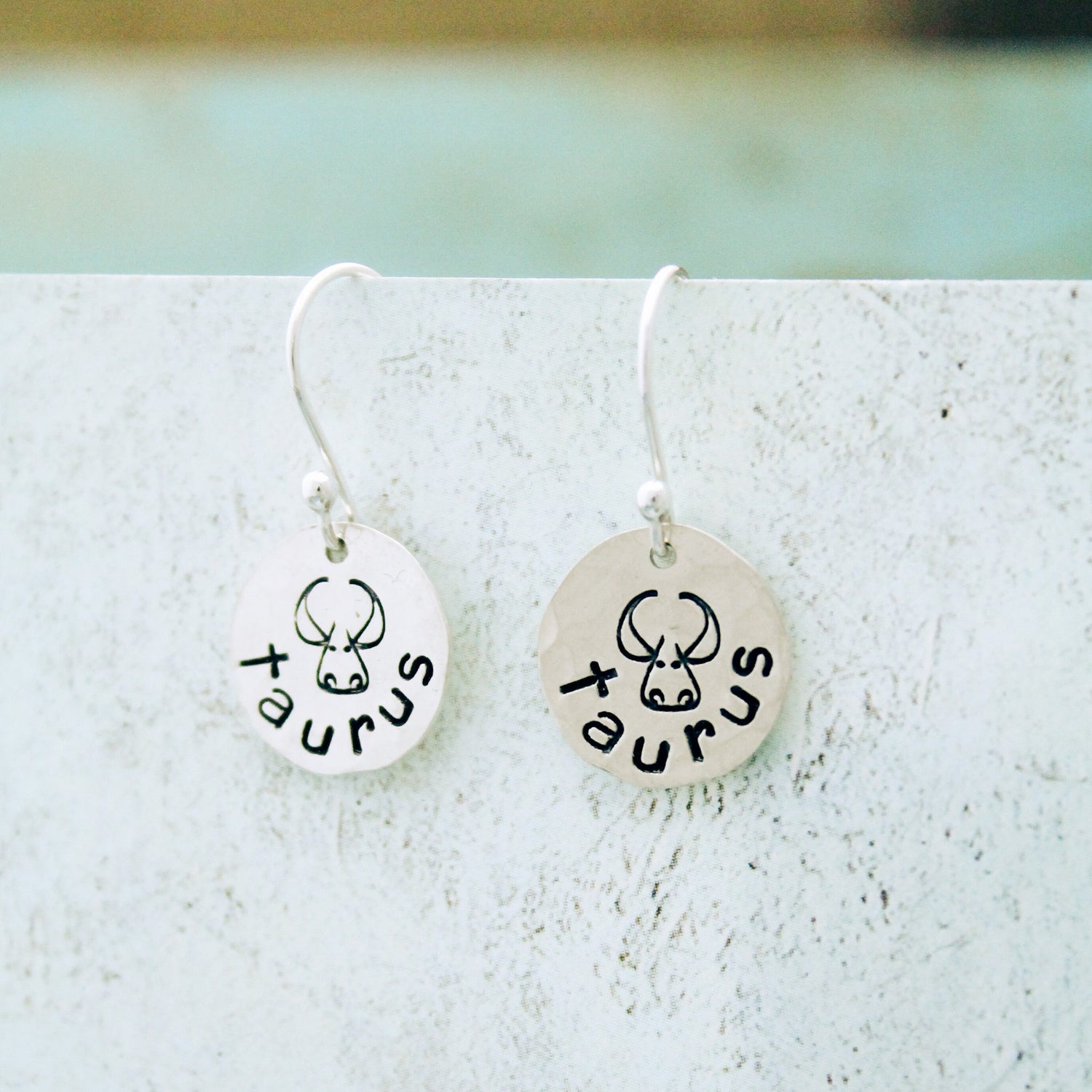 Taurus Sterling Silver Earrings, Taurus Zodiac Sign Jewelry, Hand Stamped Personalized Earrings, Taurus Zodiac Jewelry Unique Gift for Her