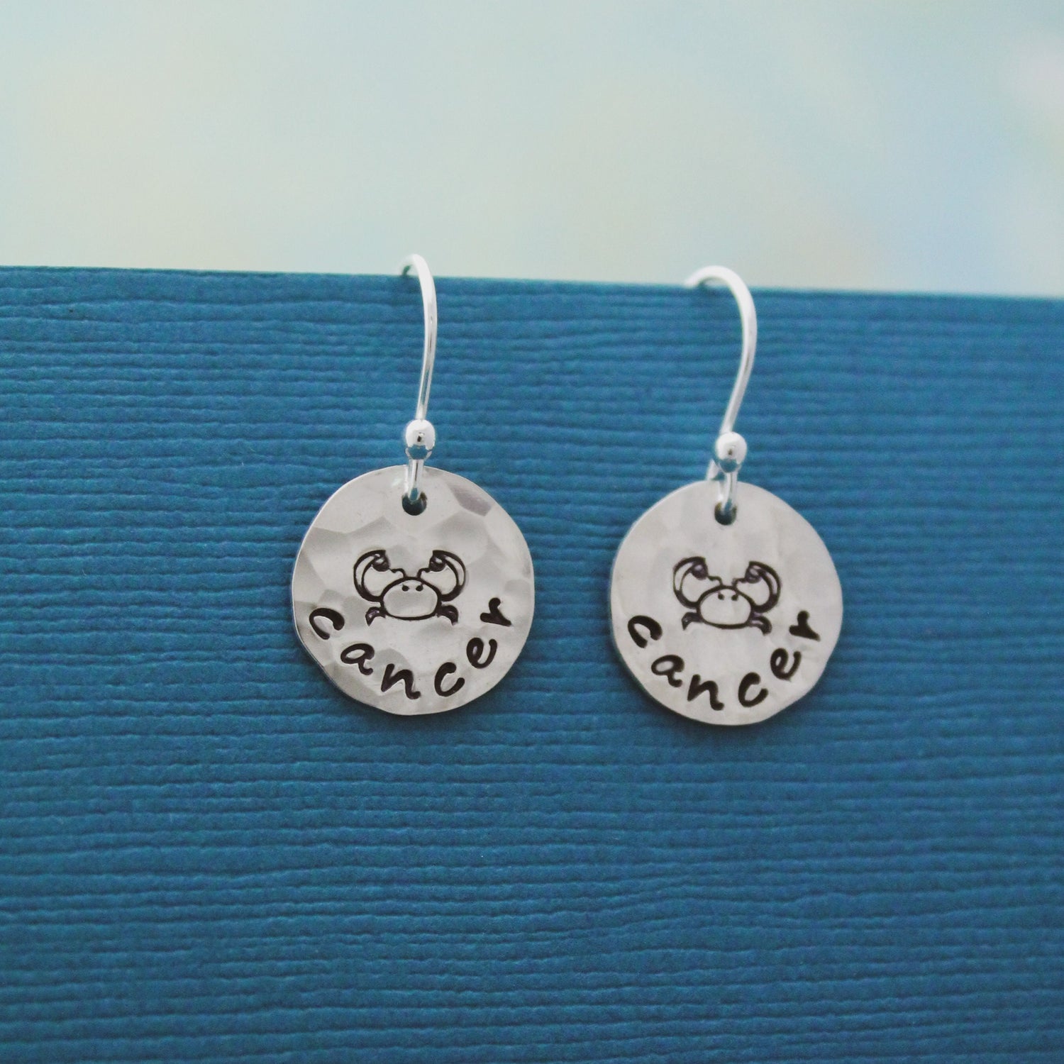 Cancer Crab Sterling Silver Earrings, Zodiac Sign Jewelry, Hand Stamped Personalized Earrings, Cancer Zodiac Jewelry Unique Gift for Her
