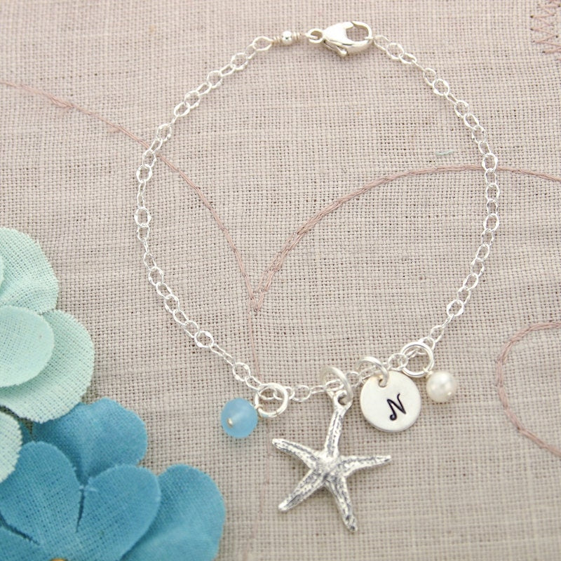 Sterling Silver Personalized Starfish Bracelet with Initial and Birthstone, Pearl, Shell or Sea Glass Charms