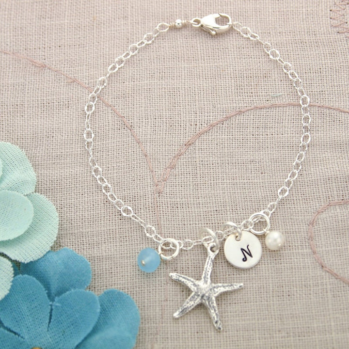 Sterling Silver Personalized Starfish Bracelet with Initial and Birthstone, Pearl, Shell or Sea Glass Charms