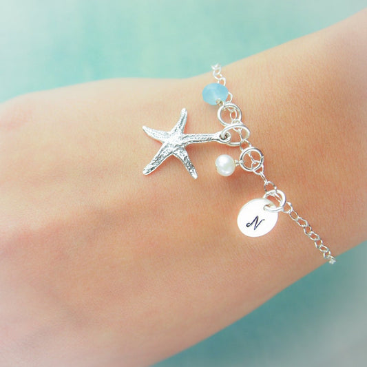 Sterling Silver Personalized Starfish Bracelet with Initial and Birthstone, Pearl, Shell or Sea Glass Charms