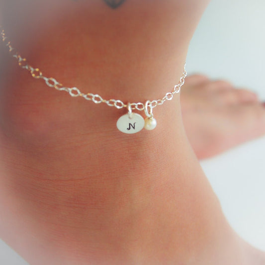 Personalized Birthstone and Initial Anklet, Birthstone Jewelry, Initial Jewelry, Sterling Silver Anklet, Gifts for Her, summer jewelry
