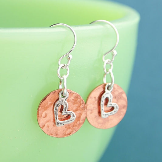 Copper and Sterling Silver Heart Charm Earrings Choose your Charm, mixed metal earrings, copper and silver earrings, copper jewelry