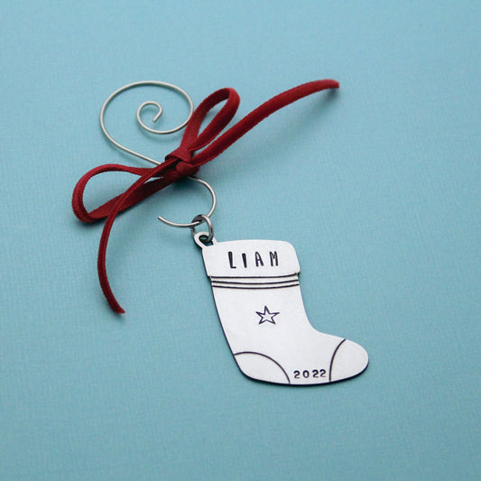 Personalized Christmas Stocking Hand Stamped Christmas Ornament in Pewter