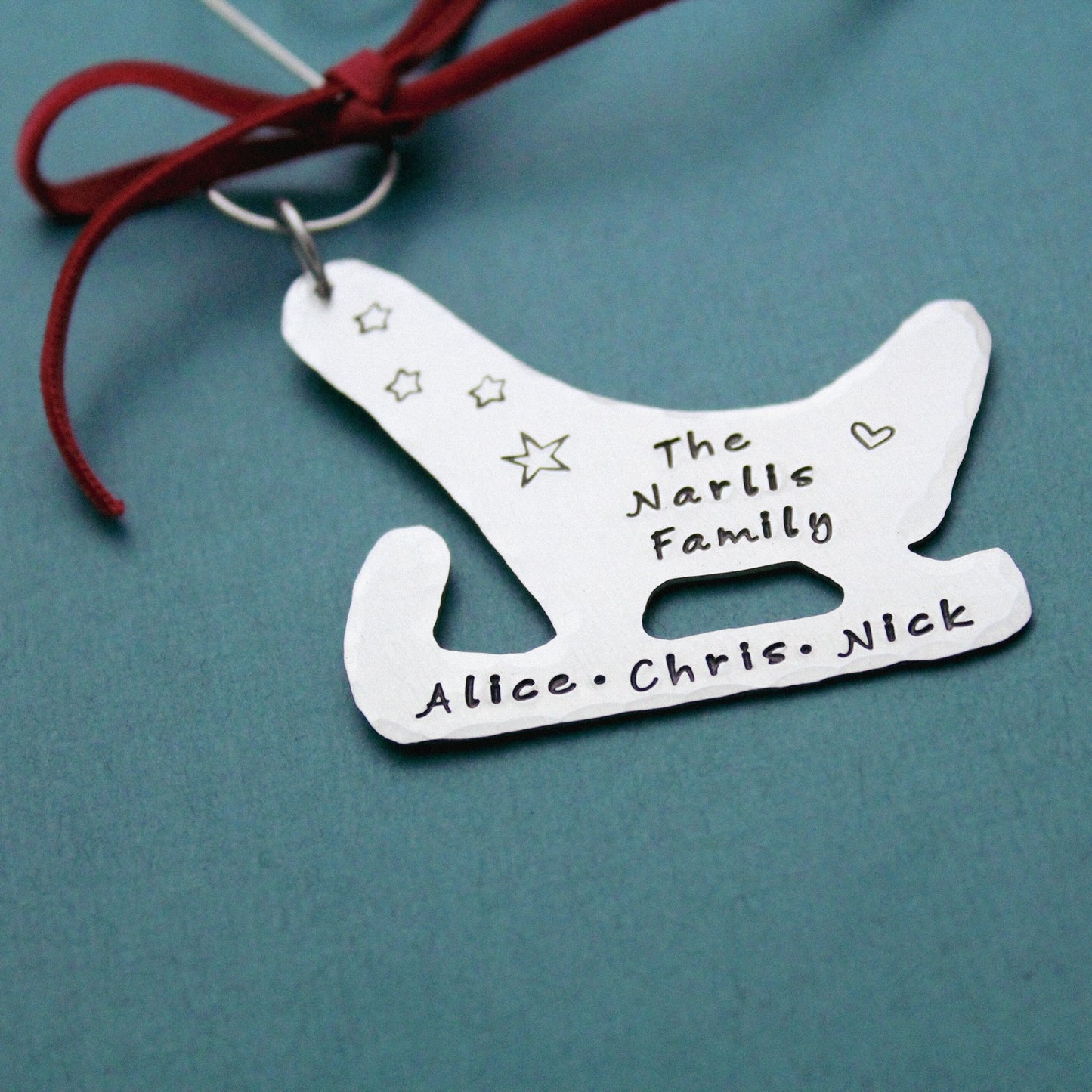 Christmas Sled Aluminum Ornament Hand Stamped, Cute Winter Sledding Ornament, Personalized Christmas Ornament, Custom Christmas Ornament