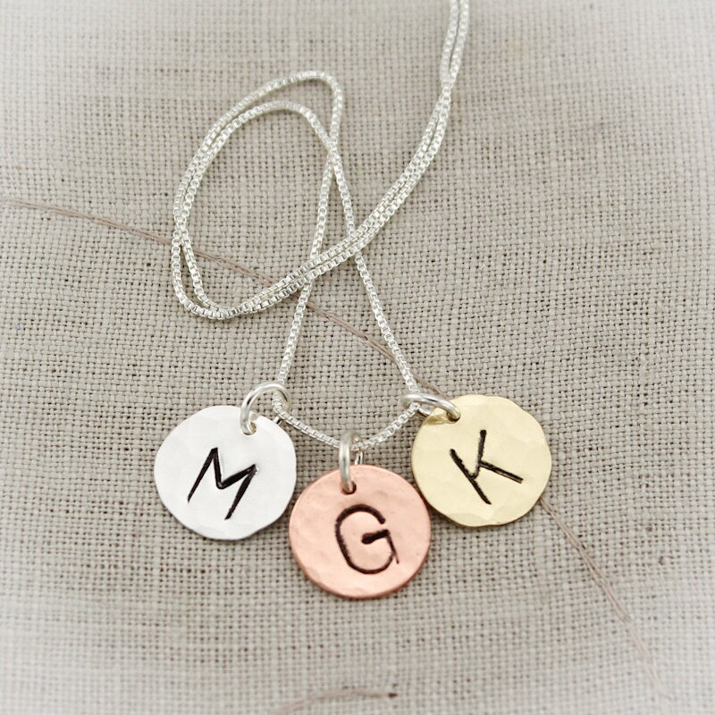 Initial Necklace Sterling Silver, Copper and Brass Personalized Hand Stamped Jewelry