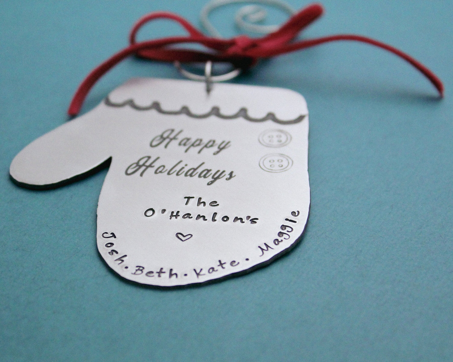 Winter Mitten Personalized Ornament, Custom Family Name Ornament, Hostess Gift, Christmas Party Gift, Hand Stamped Christmas Ornament