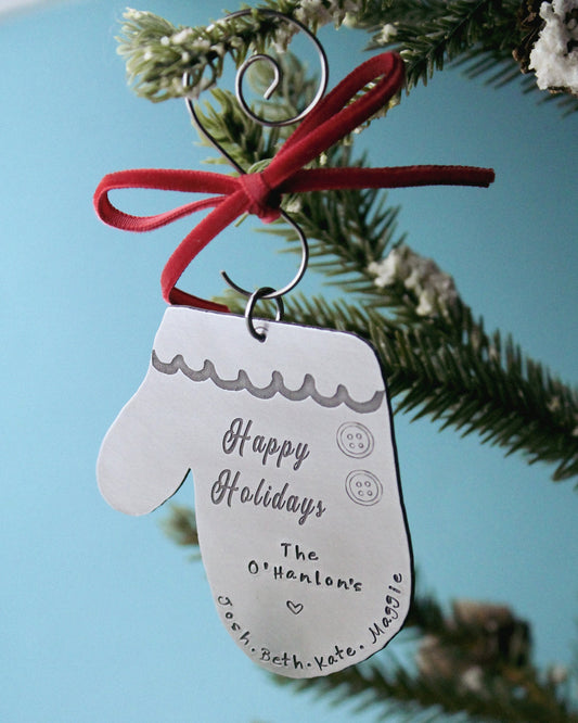 Winter Mitten Personalized Ornament, Custom Family Name Ornament, Hostess Gift, Christmas Party Gift, Hand Stamped Christmas Ornament