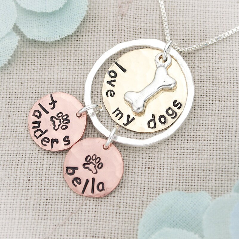 Dog or Cat Personalized Necklace in Mixed Metals Circle of Love Personalized Hand Stamped Jewelry