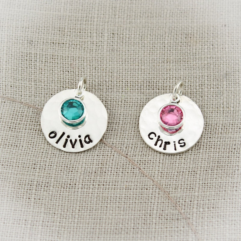 Hand Stamped 5/8 inch Sterling Silver Name Charm with Crystal Birthstone