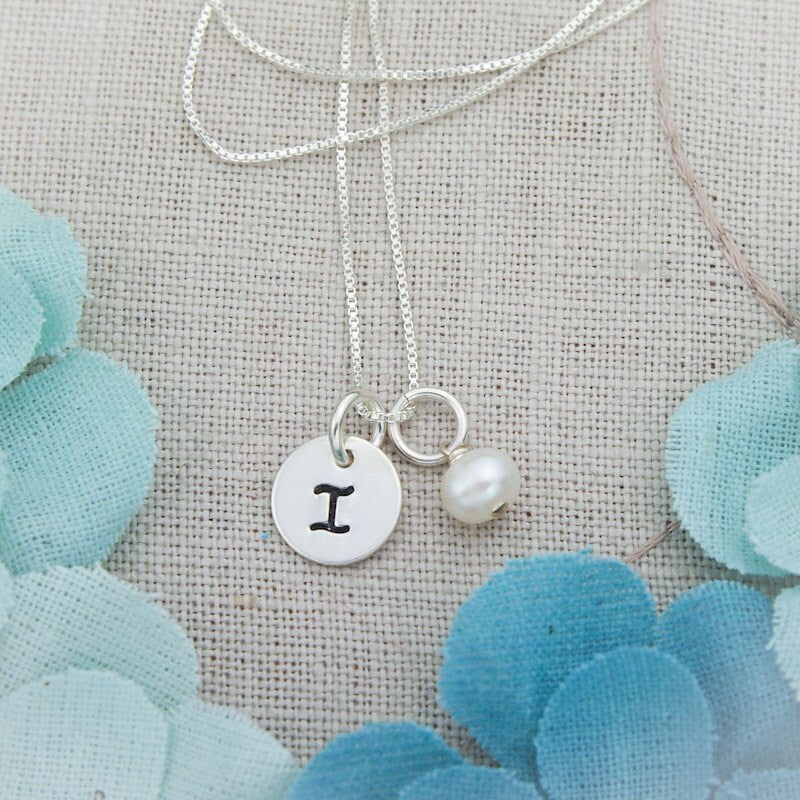 Sterling Silver Necklace with Tiny Initial and Birthstone Crystal Charm Bridesmaid Hand Stamped Jewelry