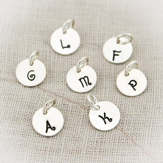 Hand Stamped Personalized Sterling Silver Initial Charm Jewelry in Sterling Silver, Rose Gold Filled, Gold Filled or Copper