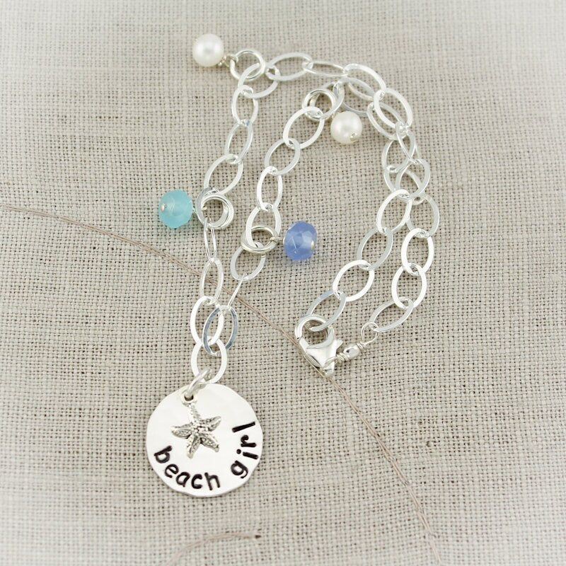 Beach Girl Anklet Hand Stamped Personalized Sterling Silver Starfish With Sea Glass & Pearl Charms-