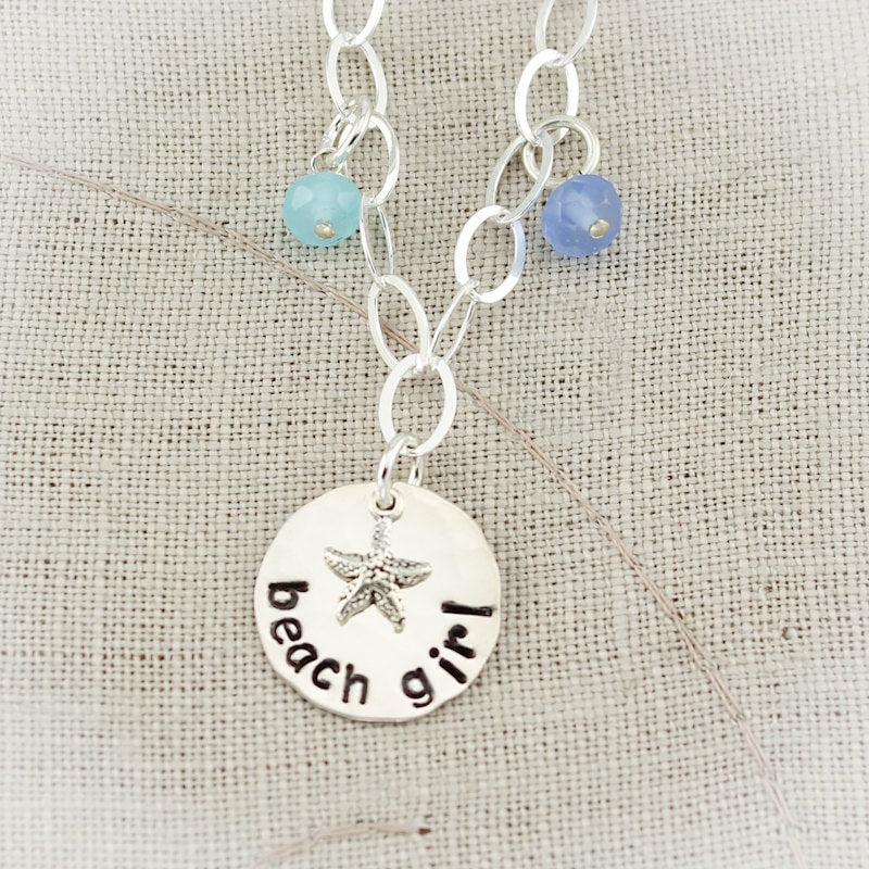 Beach Girl Anklet Hand Stamped Personalized Sterling Silver Starfish With Sea Glass & Pearl Charms-