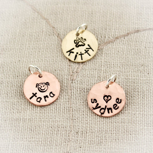 Personalized Copper Charms, Personalized Brass Charms, Copper Disc Charm, Brass Charm, Hand Stamped Charms, Charms for Bracelets, Necklace