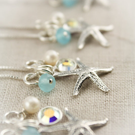 Starfish Charm Necklaces & Earrings Bridesmaids Set Gifts with Pearl, Aqua, and Crystal Set of Four (4)