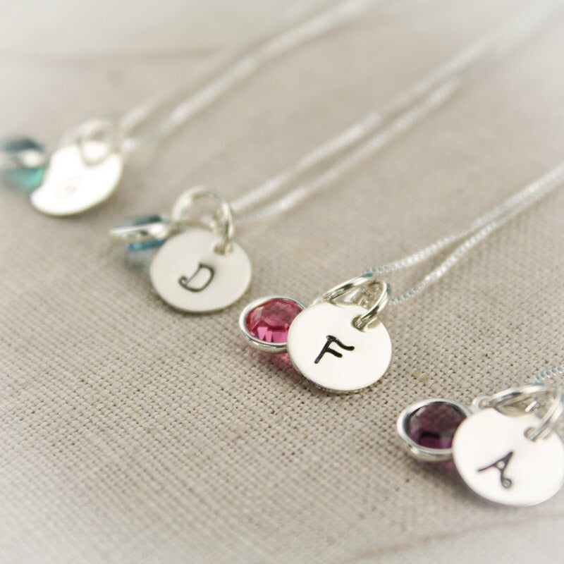 Set of Four (4) Hand Stamped Personalized Initial Bridesmaid Necklaces Bridesmaids Gifts with Pearl or Birthstone-