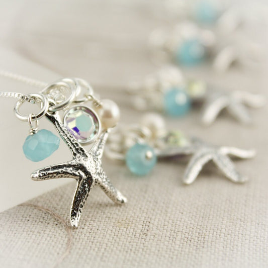 Starfish Charm Necklaces & Earrings Bridesmaids Set Gifts with Pearl, Aqua, and Crystal Set of Four (4)