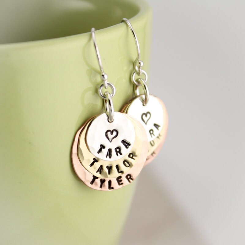 Personalized Hand Stamped Mother or Grandmother Earrings Layered Gifts for Her