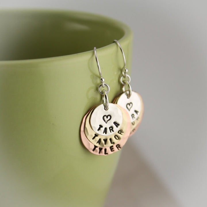 Personalized Hand Stamped Mother or Grandmother Earrings Layered Gifts for Her
