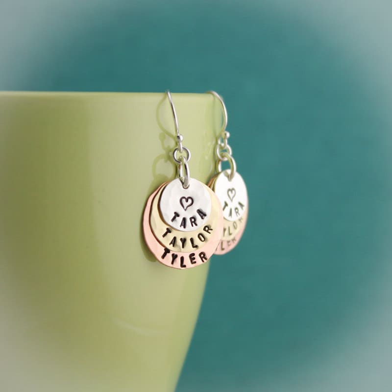Personalized Hand Stamped Mother or Grandmother Earrings Layered Gifts for Her
