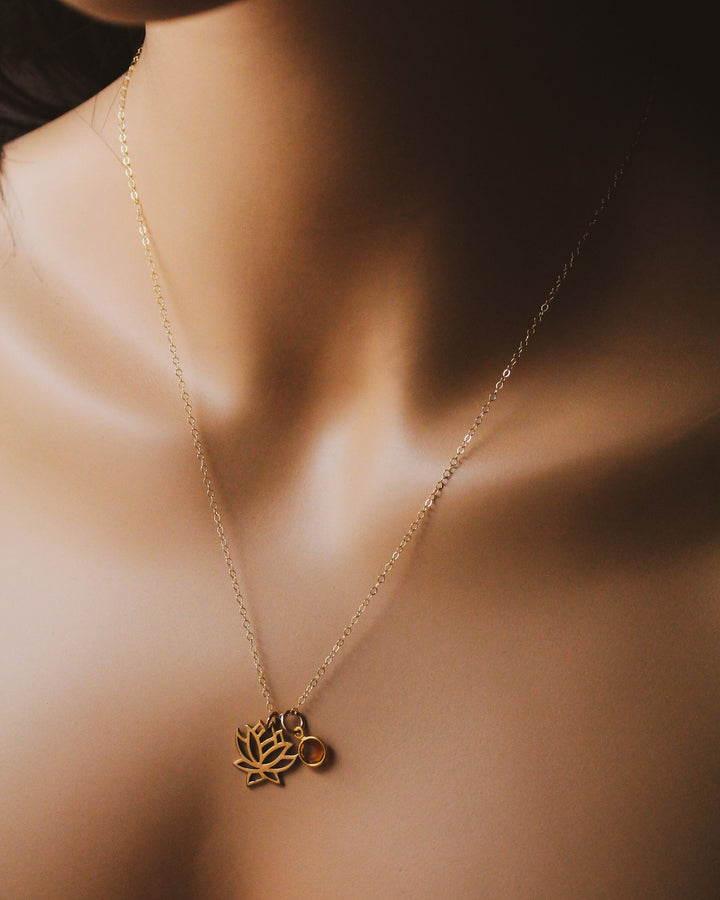 Bronze & 14k Gold Filled LOTUS and Birthstone Necklace, Lotus Flower Necklace, Gold Lotus Necklace, Yoga Boho Jewelry, Lotus Flower Jewelry