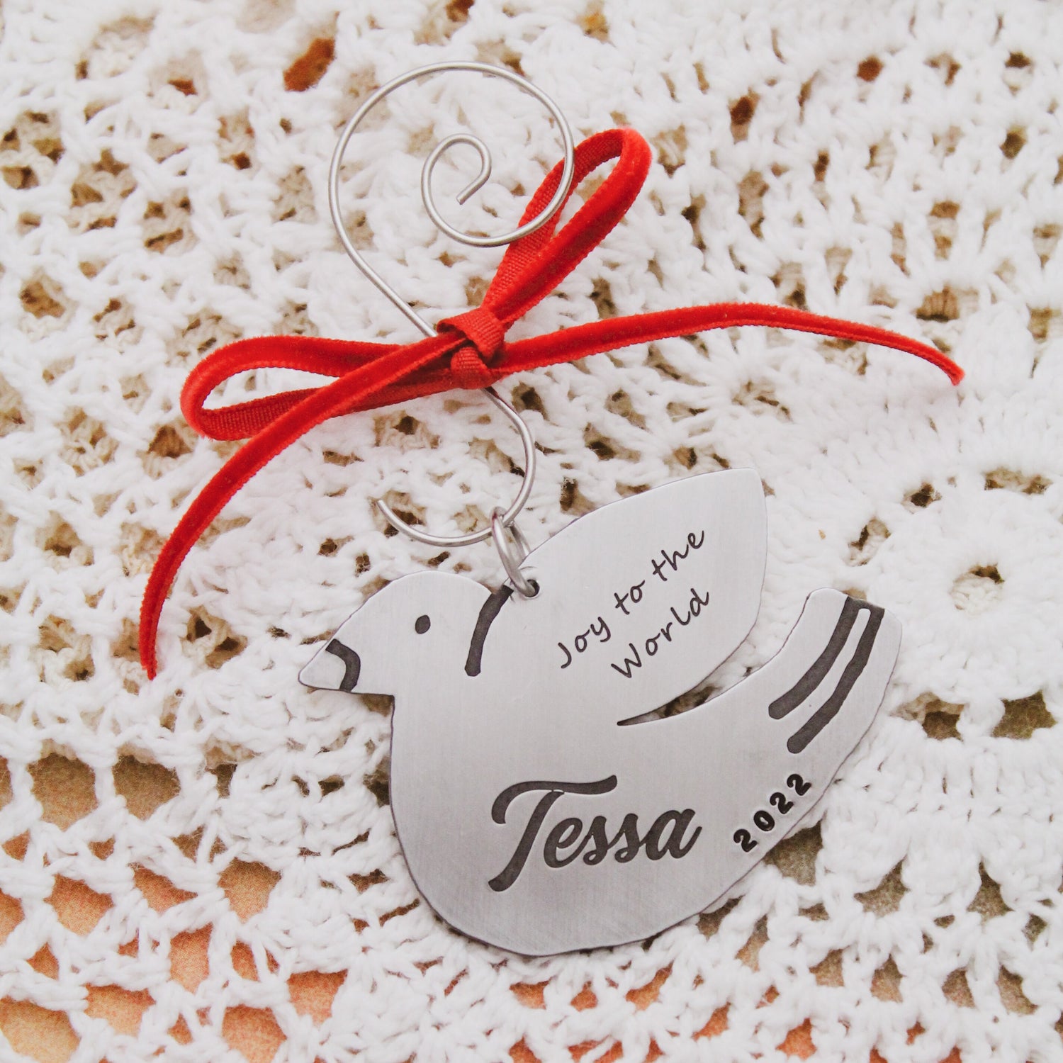 Dove Christmas Ornament, Personalized Name Christmas Ornament, Custom Dove Ornament, Peace On Earth Dove Ornament, Hand Stamped in Aluminum
