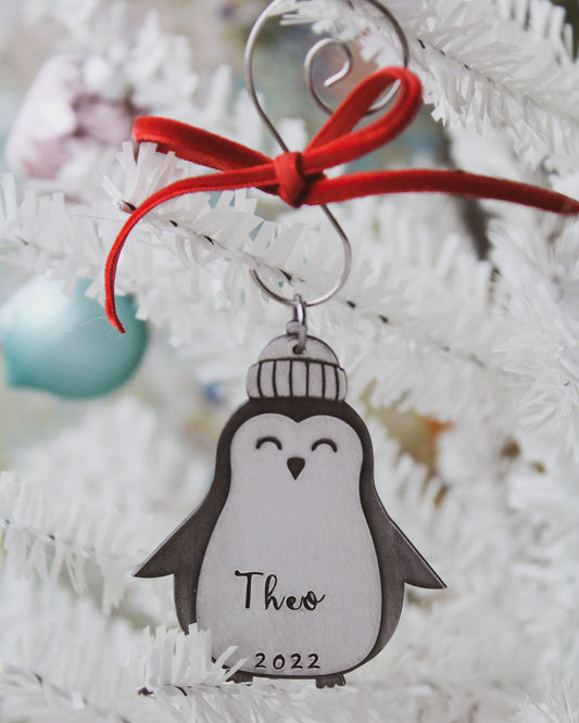 Penguin Christmas Ornament, Personalized Name Christmas Ornament, Custom Penguin Ornament, Cute Penguin Ornament, Hand Stamped in Aluminum