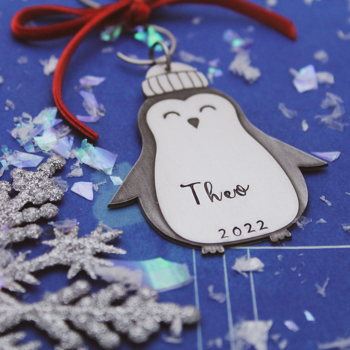 Penguin Christmas Ornament, Personalized Name Christmas Ornament, Custom Penguin Ornament, Cute Penguin Ornament, Hand Stamped in Aluminum