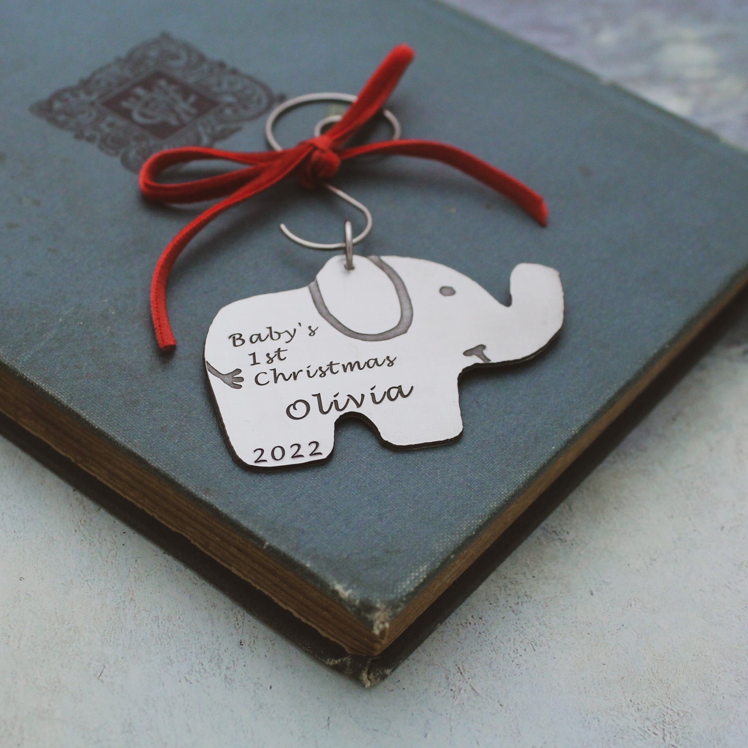 Personalized Baby's First Christmas Ornament, Elephant Christmas Ornament, New Baby Gift, Baby Gift, Personalized Hand Stamped Aluminum