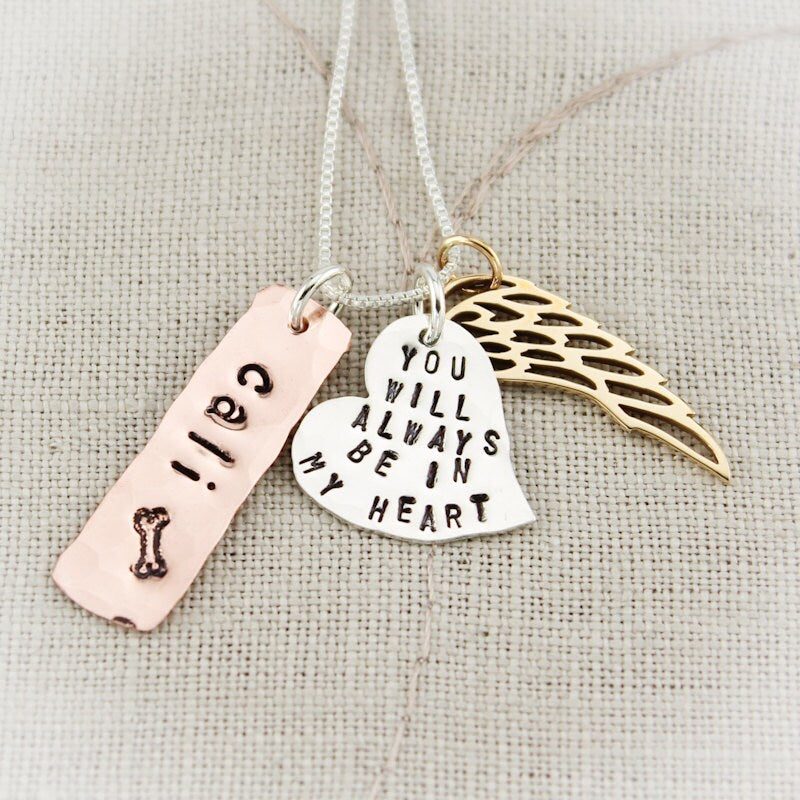 Pet Memorial Personalized Hand Stamped Copper Bronze Sterling Silver Charm Necklace Always in my Heart Angel Wing Heart